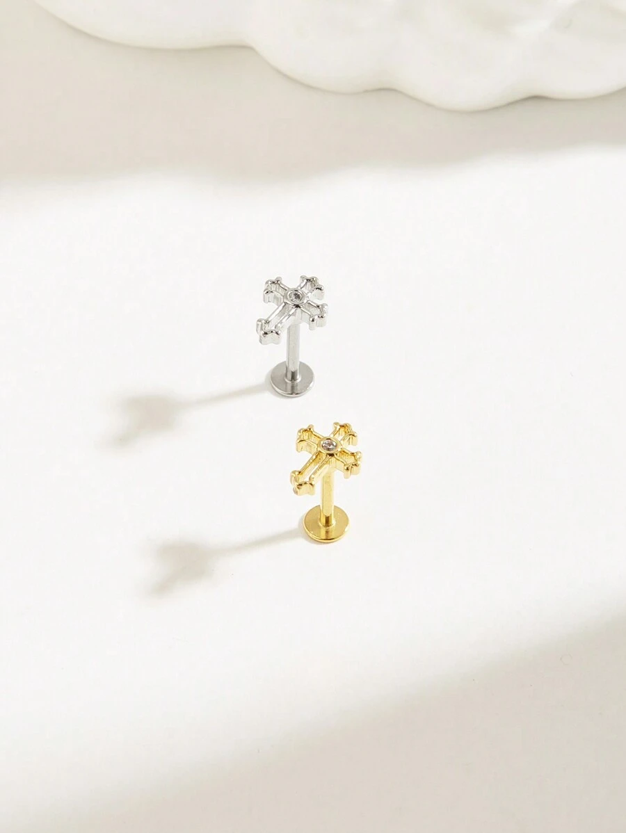 1pc Minimalist Titanium Steel Hollow Cross Shape Ear Stud, Suitable For Women Everyday Wear - Cross - View 1