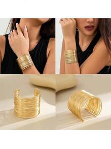 3pcs/Set Chunky Gold Bangle Bracelets, Women's Gold Exaggerated Bangle Set, Armlet, Punk Style Accessories - Gold - View 3