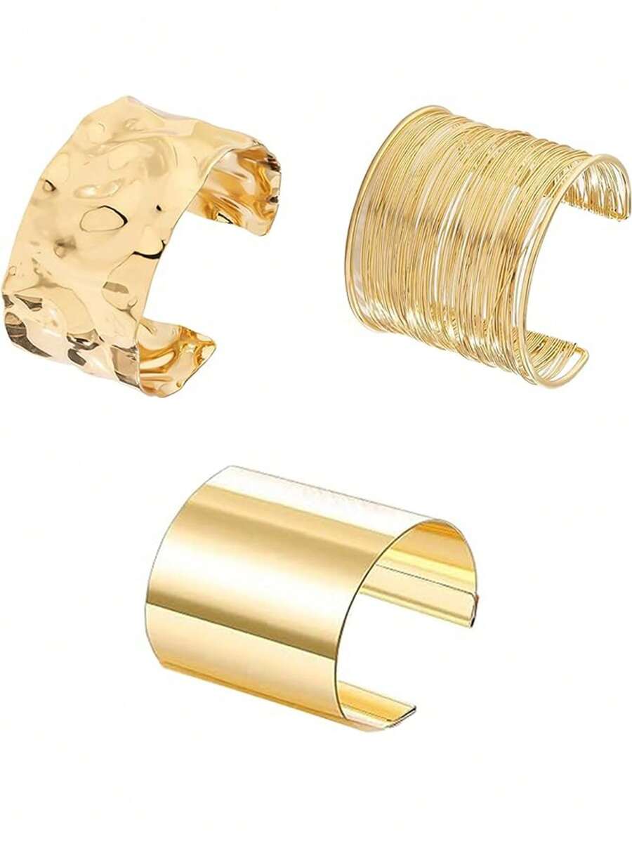 3pcs/Set Chunky Gold Bangle Bracelets, Women's Gold Exaggerated Bangle Set, Armlet, Punk Style Accessories - Gold - View 1