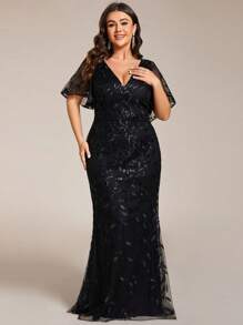 EVERPRETTY Plus Size Women's V-Neck Sequined Ruffle Sleeve Mermaid Formal Dress, Party Dress, Wedding Guest Dress, Evening Dress,Gown - Black - View 1