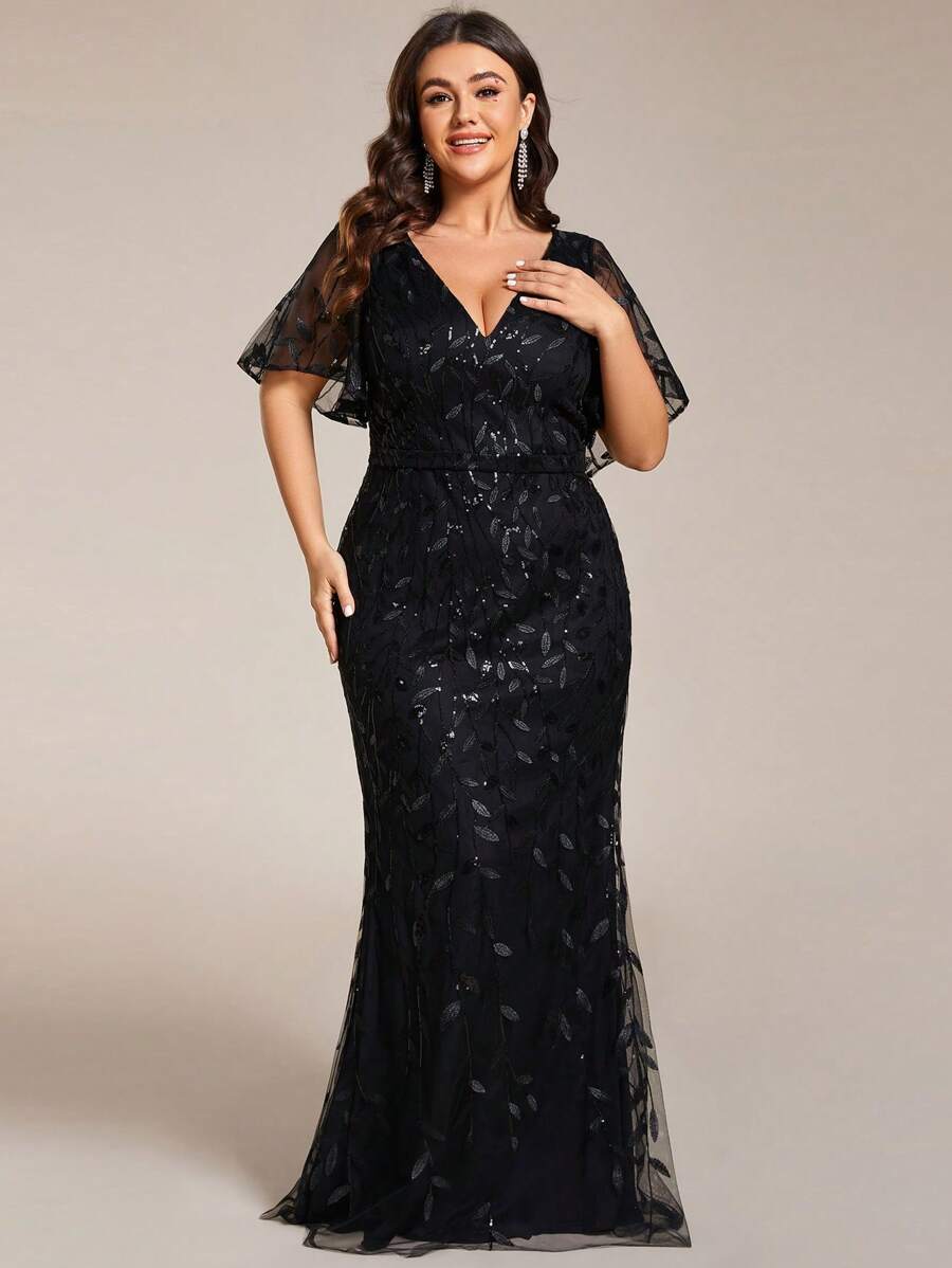 EVERPRETTY Plus Size Women's V-Neck Sequined Ruffle Sleeve Mermaid Formal Dress, Party Dress, Wedding Guest Dress, Evening Dress,Gown - Black - View 1
