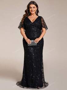 EVER-PRETTY Plus-size dames V-hals met pailletten, ruches en mouwen, zeemeerminjurk, formele jurk, feestjurk, bruiloftsgastjurk, avondjurk, jurk