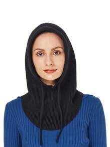 1 pièce Écharpe à capuche en cachemire et laine pour femme, bonnet tricoté chaud avec cordon de serrage, faux col, protection des oreilles et du visage, balaclava douce, cagoule - Noir - Voir 12