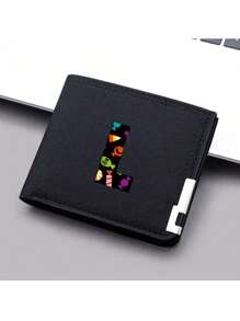 1件26字母卡通糖果元素钱包通用短款钱包男女生卡夹短钱包个性帆布双折钱包男孩女孩万圣节创意礼物生日 - 黑色 - 查看 36