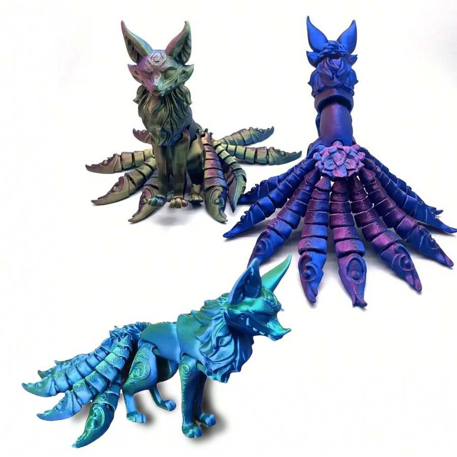 1 pieza Escultura impresa en 3D de zorro de nueve colas con articulaciones móviles y cabeza y cola desmontables - Colores coloridos, apto para decoración del hogar u oficina - Multicolor - Ver 1