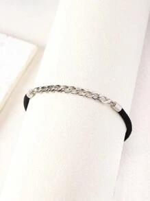 1 bộ vòng tay dây xích bạc tối giản thời trang & dây đen, phù hợp cho phụ nữ đeo hàng ngày - màu đen - Xem 4