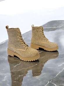 RevReaL Women's Rivet Decor Platform Boots - Fashionable Lace Up Ankle Boots (Black/Khaki)