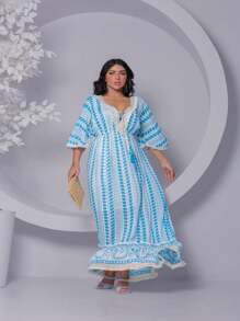 Boho Long Dress With Lurex Detail - 藍色 - 查看 3