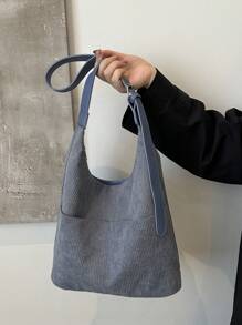 全新纯色单肩水桶包，带可调节肩带，女士灯芯绒休闲单肩托特包，带多个口袋，手提包和斜挎包，秋季百搭通勤包 - 灰色 - 查看 3