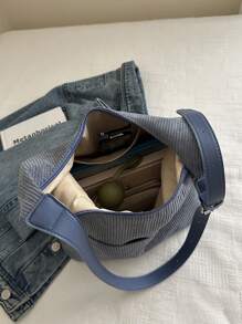 全新纯色单肩水桶包，带可调节肩带，女士灯芯绒休闲单肩托特包，带多个口袋，手提包和斜挎包，秋季百搭通勤包 - 灰色 - 查看 8