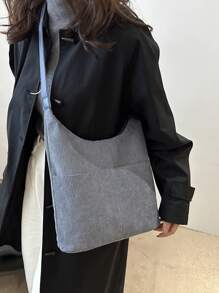 全新纯色单肩水桶包，带可调节肩带，女士灯芯绒休闲单肩托特包，带多个口袋，手提包和斜挎包，秋季百搭通勤包 - 灰色 - 查看 5