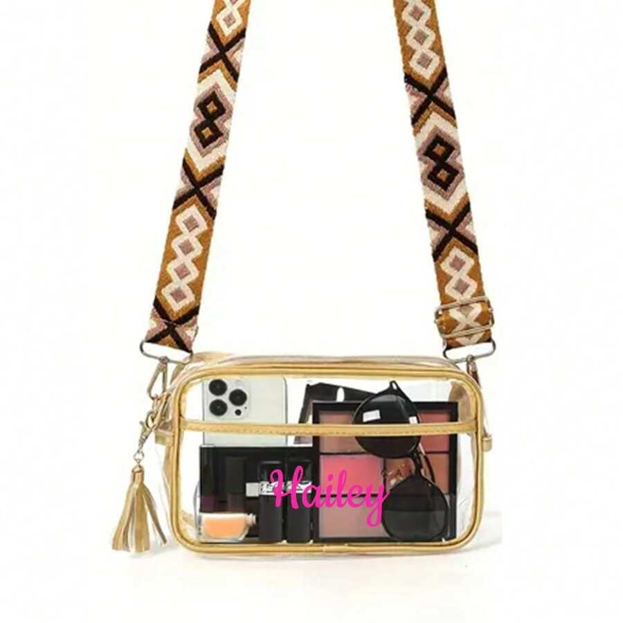 体育场活动个性化斜挎包，女士透明钱包体育场透明包透明定制腰包音乐会胸包，体育场认可的 12*12*64 透明钱包包音乐会体育赛事节日 - 金色 - 查看 1