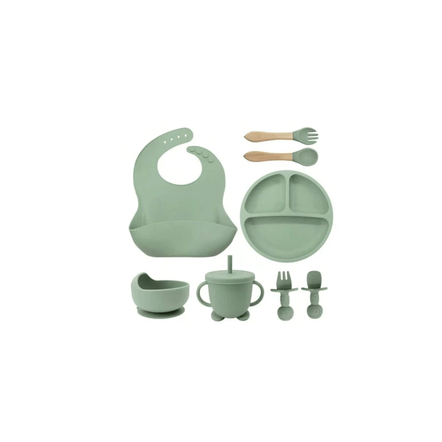 Children's Tableware Set Baby Food Supplement Feeding Training Silicone Cutlery 8pcs/6pcs Set Baby Suction Bowl Mother And Baby Supplies - xanh quân đội - Xem 1