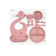 Children's Tableware Set Baby Food Supplement Feeding Training Silicone Cutlery 8pcs/6pcs Set Baby Suction Bowl Mother And Baby Supplies - xanh quân đội - Xem 3