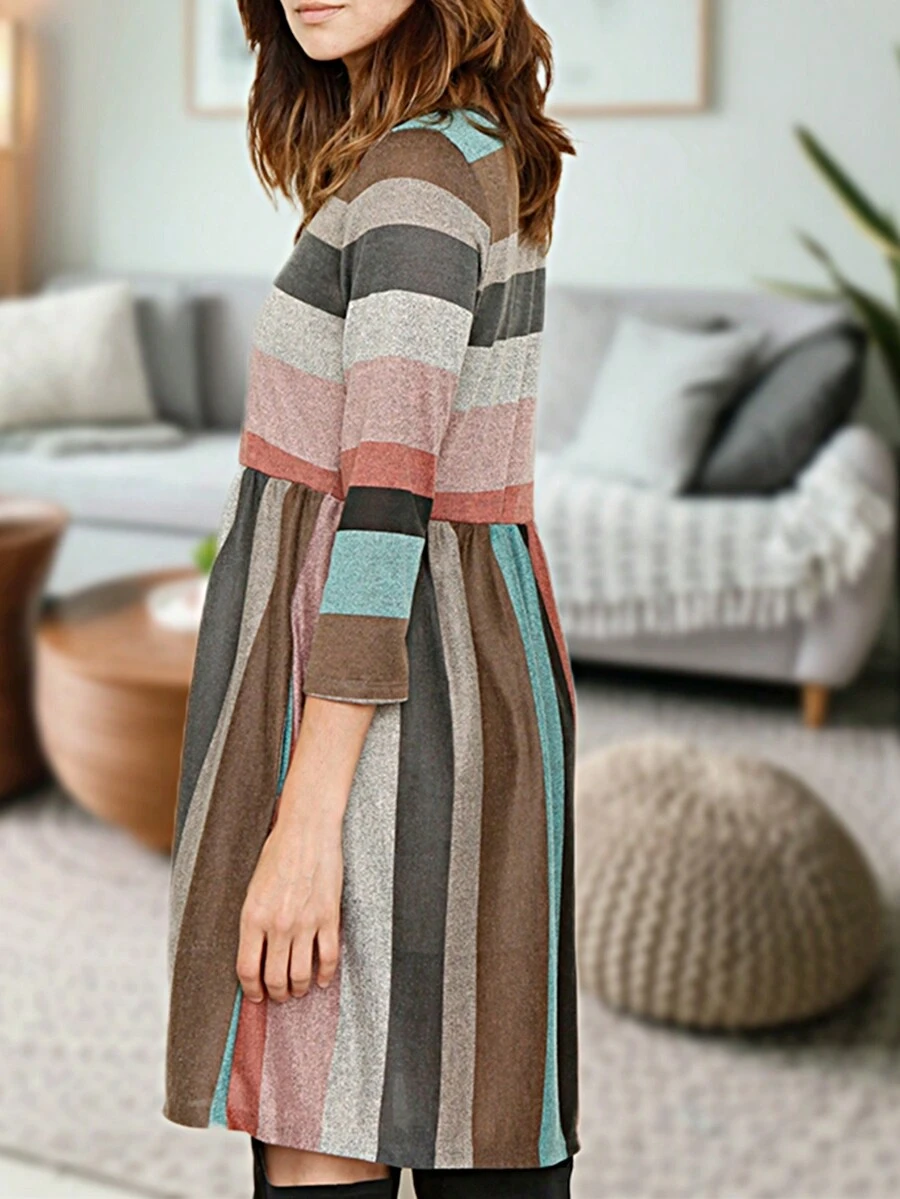 Boho Retro 70's 90's Vintage Black Black Olive Mocha Pink Mint Knit Brushed Ruffle Tiered Color Block Stripe Tunic Dress - 薄荷綠 - 查看 1