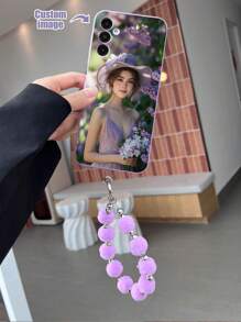 1pc Purple TPU Customizable Pattern Frame Shockproof Phone Case & 1pc Purple Fuzzy Ball Wrist Strap, Compatible With Iphone/Matching Phone Case/Phone Case With Lanyard/Wrist Strap Phone Case Compatible With Samsung /IPhone 14 Pro Max/Galaxy A14/Galaxy A32 4G Phone Charm Phone Charm Stylish, Colorful, Vintage, Cute, Contracted, Funny, Kawaii Custom, Personalized, Unique, Customized Gifts For Her Him Couple