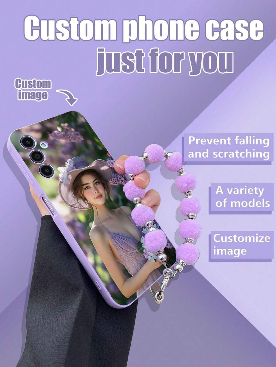 1pc Purple TPU Customizable Pattern Frame Shockproof Phone Case & 1pc Purple Fuzzy Ball Wrist Strap, Compatible With Iphone/Matching Phone Case/Phone Case With Lanyard/Wrist Strap Phone Case Compatible With Samsung /IPhone 14 Pro Max/Galaxy A14/Galaxy A32 4G Phone Charm Phone Charm Stylish, Colorful, Vintage, Cute, Contracted, Funny, Kawaii Custom, Personalized, Unique, Customized Gifts For Her Him Couple