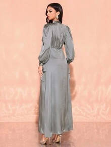 女士水钻缀饰泡泡袖优雅连衣裙 - 薄荷綠 - 查看 2