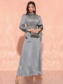 女士水钻缀饰泡泡袖优雅连衣裙 - 薄荷綠 - 查看 4