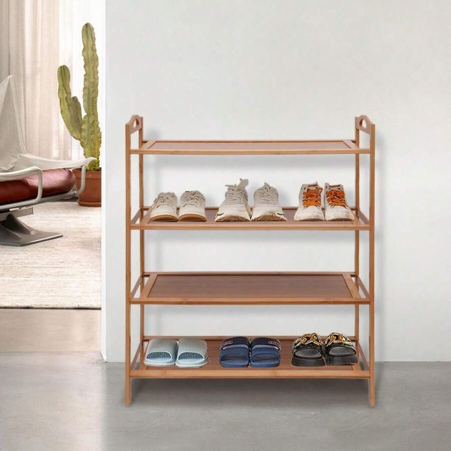 WUPYI Bamboo Shoe Rack 4 Tier Wooden Entrance Channels Storage Shelf Shoes Display Organizer - 木頭色 - 查看 1