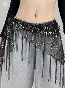 1pc Women's Dance Waist Chain & Belt, Jazz & Belly Dance Performance Hip Scarf Sequin Tassel Triangle Decorated Waistband