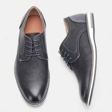 Men Business Casual Shoes, Colorblock Upper, Vintage Derby Shoes, KD4163, White Stitching - Black - View 9