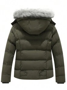 女士厚夹克，冬季新款时尚可拆卸连帽仿毛领保暖棉服外套