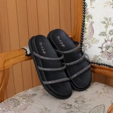 Sandal Papete Flor De Marca Blanket Shiny Rhinestone Summer Warmth Comfort Everyday Party Casual Easy To Wear - màu đen - Xem 2