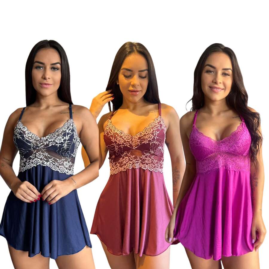 Kit With 3 Short Women's Nightgowns Without Padded Luxury Sexy With Lace Details Comfortable Lingerie Honeymoon Night Line - Short Pajamas Sensual Nightgown For Women Valentine's Day Plain Adult Nightwear Lace Lace - 杏色 - 查看 1