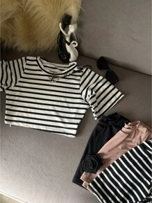 Women's Cropped Blouses Short Sleeve AnaRuga - 白色條紋 - 查看 1