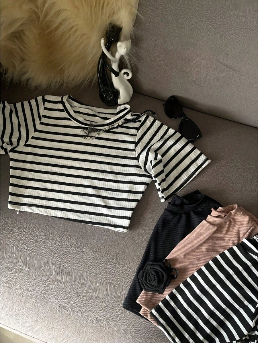 Women's Cropped Blouses Short Sleeve AnaRuga - 白色條紋 - 查看 1