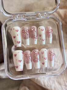 10 片心形蝴蝶结芭蕾风格加长粉色指甲贴纸，可爱迷人，适合女孩，可重复使用美甲贴纸（手工制作细节可能略有不同）按压式指甲美甲用品 - 粉色 - 查看 2