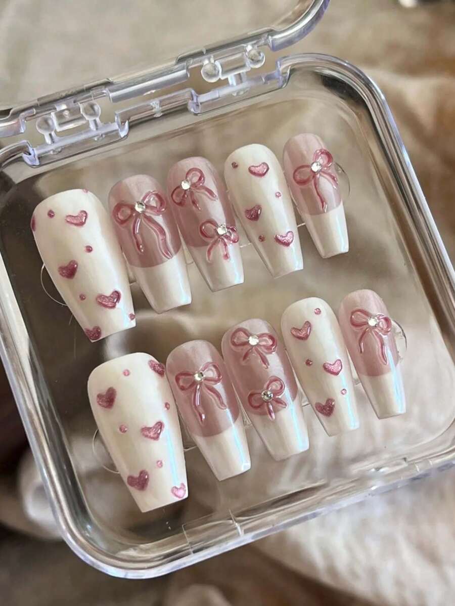 10 片心形蝴蝶结芭蕾风格加长粉色指甲贴纸，可爱迷人，适合女孩，可重复使用美甲贴纸（手工制作细节可能略有不同）按压式指甲美甲用品 - 粉色 - 查看 1