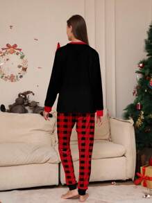 2pcs Women Christmas Pajama Set - Long Sleeve Top Printed With Santa Hat, Shoes, Letter Pattern And Plaid Pants