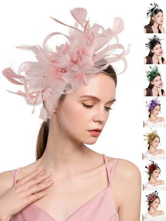 1 件羽毛头饰头带，女士茶会帽，适合肯塔基赛马会、鸡尾酒会、婚礼、化装舞会、发饰、小帽子、迷你头饰、迷你帽