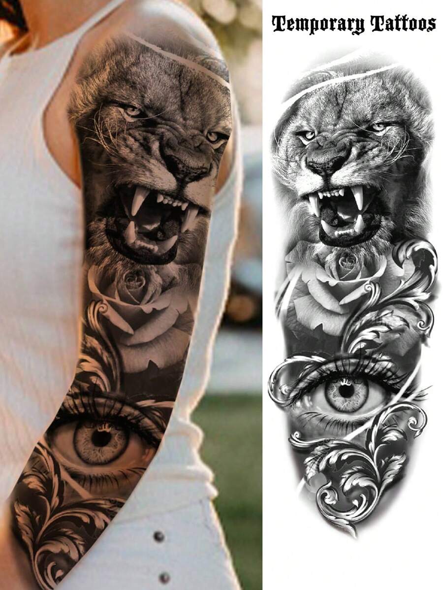 1 tờ hình xăm tạm thời hình sư tử mắt lớn toàn cánh tay cho người lớn chân đùi vai, hình xăm giả trên tay chân thực tế chống nước lâu trôi cho nam - màu đen - Xem 1