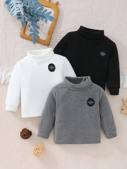 3 件装男婴高领羊毛保暖内衣，纯色长袖 T 恤，春秋冬季保暖休闲上衣