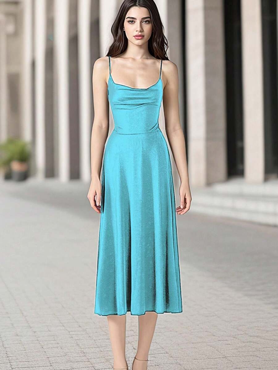女士夏季純色圓領系腰露肩細帶連身裙 - 淺色水洗藍 - 查看 1