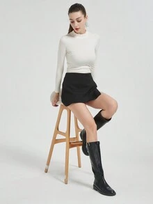 女式不对称喇叭A字高腰短裤裙 - 黑色 - 查看 3