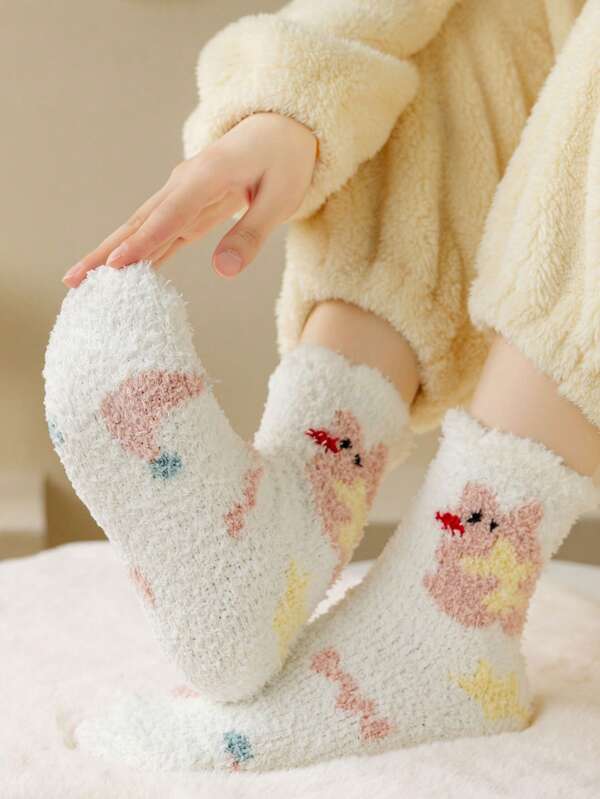 1 Pair Teenage Girls' Warm Fleece-Lined Thick Soft Floor Socks, Reversible, Mid-Calf Length, Autumn/Winter