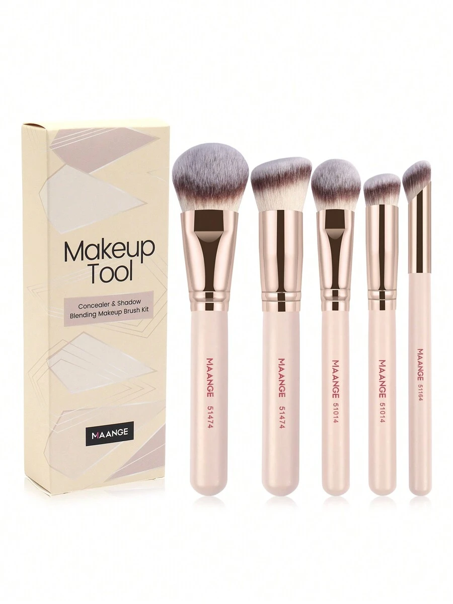 MAANGE 5pcs Professional Facial Makeup Brush Set With Paper Box ,Foundation Brush,Contour Brush,Blush Brush,Eyeshadow Brush,Blending Brush,Makeup Brush With Soft Fiber For Powder,Liquid,Cream For Easy Carrying,Brush For Travel. - 杏色 - 查看 1