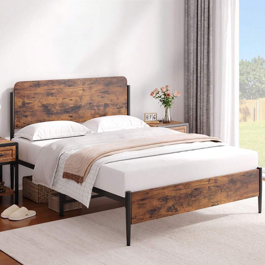 Platform Bed Frame With Rustic Vintage Wood Headboard & Safe Rounded