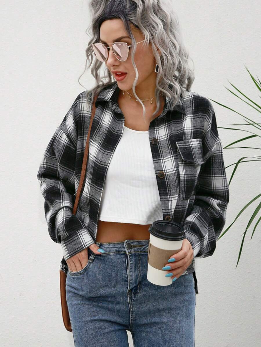 Casual Loose Plaid Patchwork Retro Hong Kong Style Shacket - Black - View 1