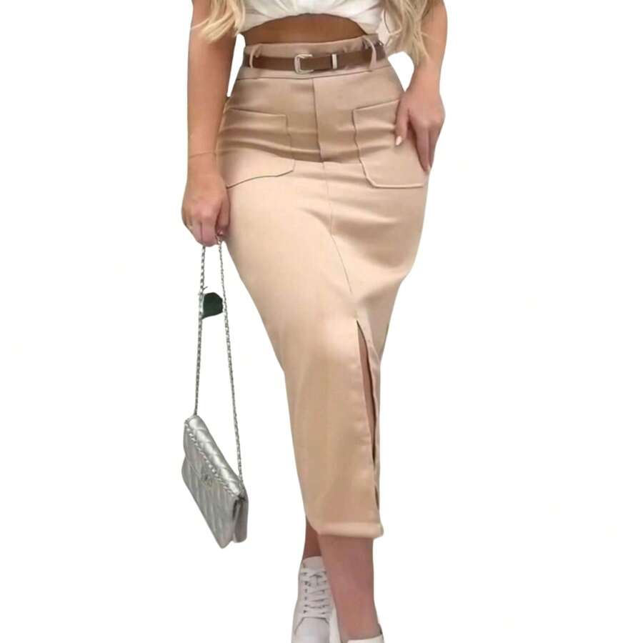 Tailored Midi Cargo Skirt Comes With Belt - 米色 - 查看 1