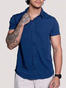 Linen Shirt Short Sleeve Formal Summer Fresh Italian Collar Elegant In Visco-Linen - Blue - View 5