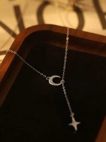 1 chiếc vòng cổ hình ngôi sao và mặt trăng rỗng bằng bạc Sterling 925 mạ bạch kim, trang sức bạc tinh xảo sang trọng hình ngôi sao sáng bóng, phù hợp cho phụ nữ đeo hàng ngày và hẹn hò - Bạc - Xem 3