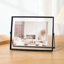 1pc Transverse Black Metal Photo Frame, Photo Desktop Decorative Frame, Acrylic Transparent Stand Photo Frame, Fall Farmhouse Room Decor