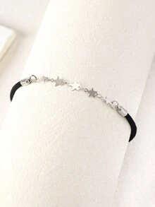 1 bộ vòng tay dây xích bạc tối giản thời trang & dây đen, phù hợp cho phụ nữ đeo hàng ngày - màu đen - Xem 3