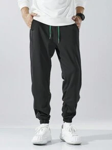 1 quần dài thường ngày dày dặn có dải phản quang cho nam, quần nỉ buộc mắt cá chân dáng rộng cho mùa thu/đông - màu đen - Xem 6