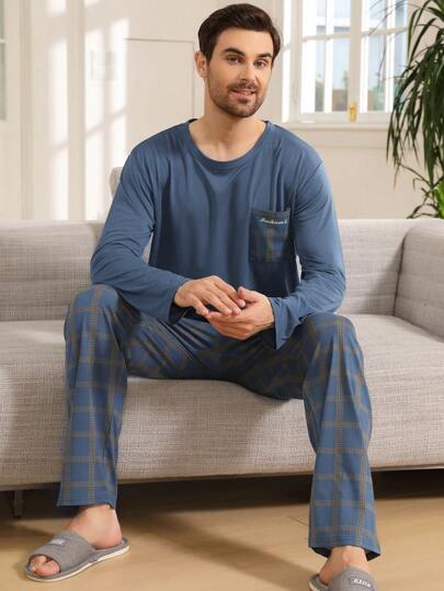 QIANNIANMA Men's Plaid Pocket Round Neck Long Sleeve & Plaid Trousers Pajama Set, Comfortable & Skin-Friendly Style Pajamas For Men's Cozy Loungewear